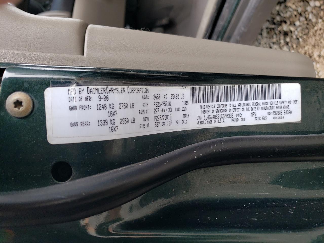 2001 Jeep Grand Cherokee VIN 1J4GW48S01C550335 Copart auction photo, front end / side damage thumbnail 14