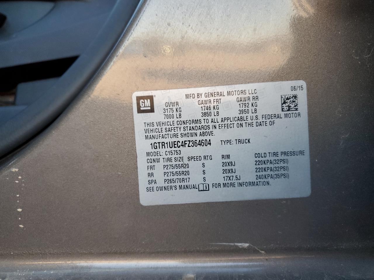 2015 GMC Sierra VIN 1GTR1UEC4FZ364604 Copart auction photo, front end damage thumbnail 15