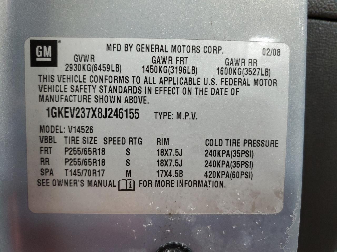 2008 GMC Acadia VIN 1GKEV237X8J246155 Copart auction photo, side / front end damage thumbnail 13