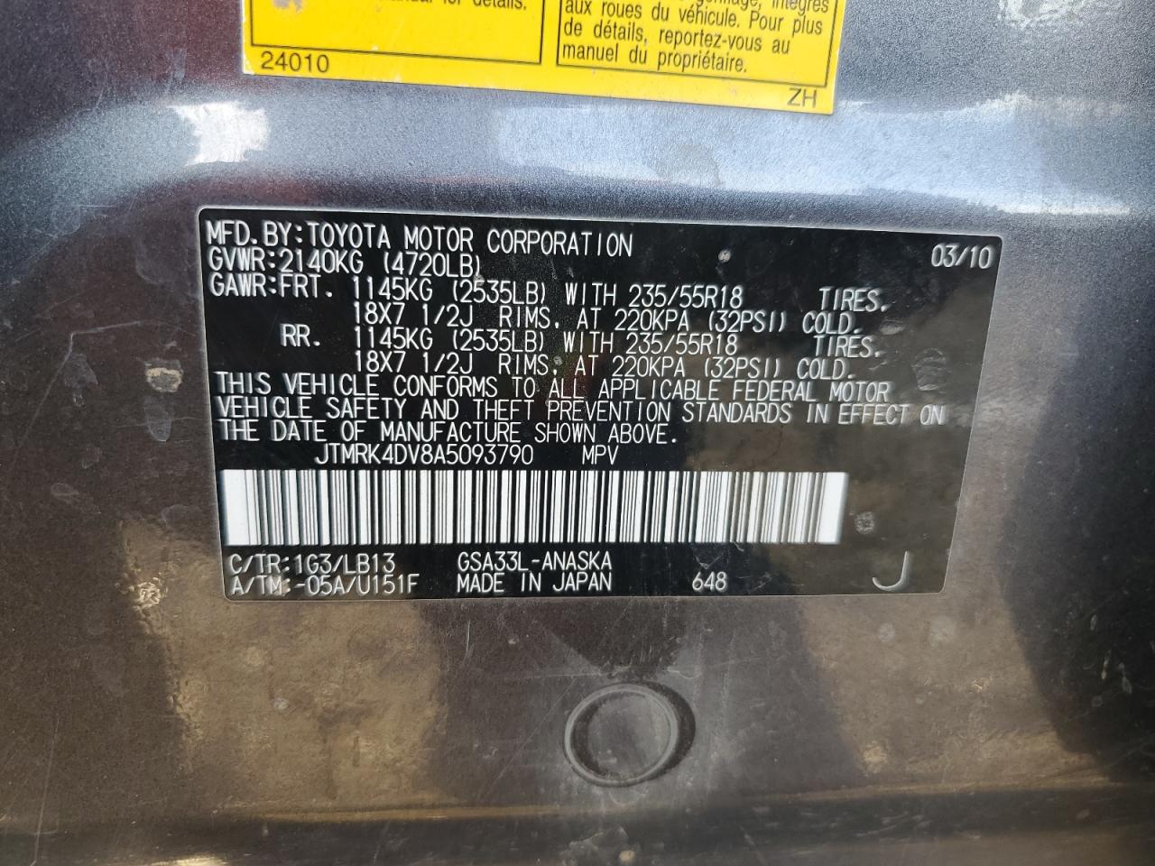 2010 Toyota RAV 4 VIN JTMRK4DV8A5093790 Copart auction photo, front end damage thumbnail 15