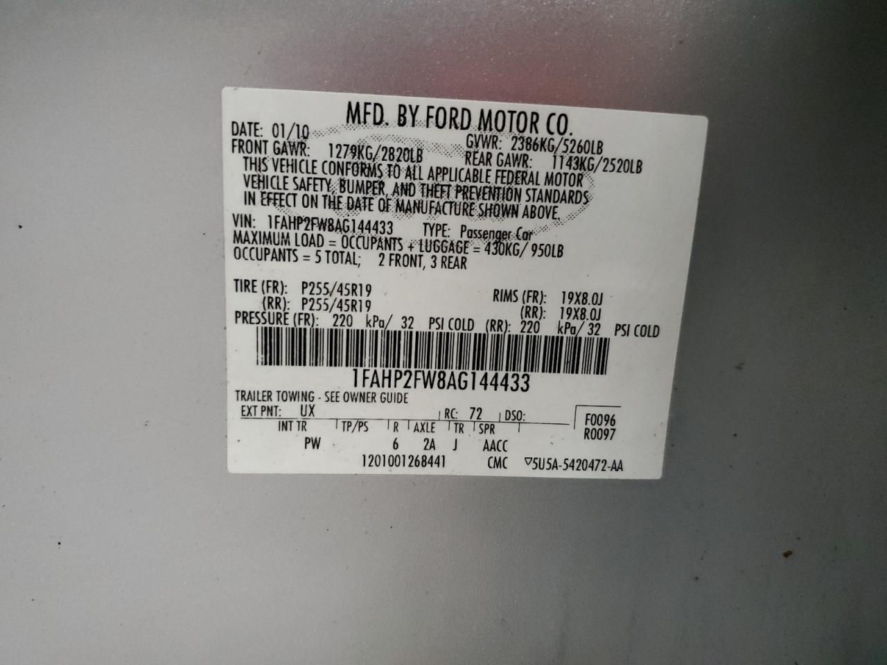 2010 Ford Taurus VIN 1FAHP2FW8AG144433 Copart auction photo, front end / minor dent/scratches damage thumbnail 12