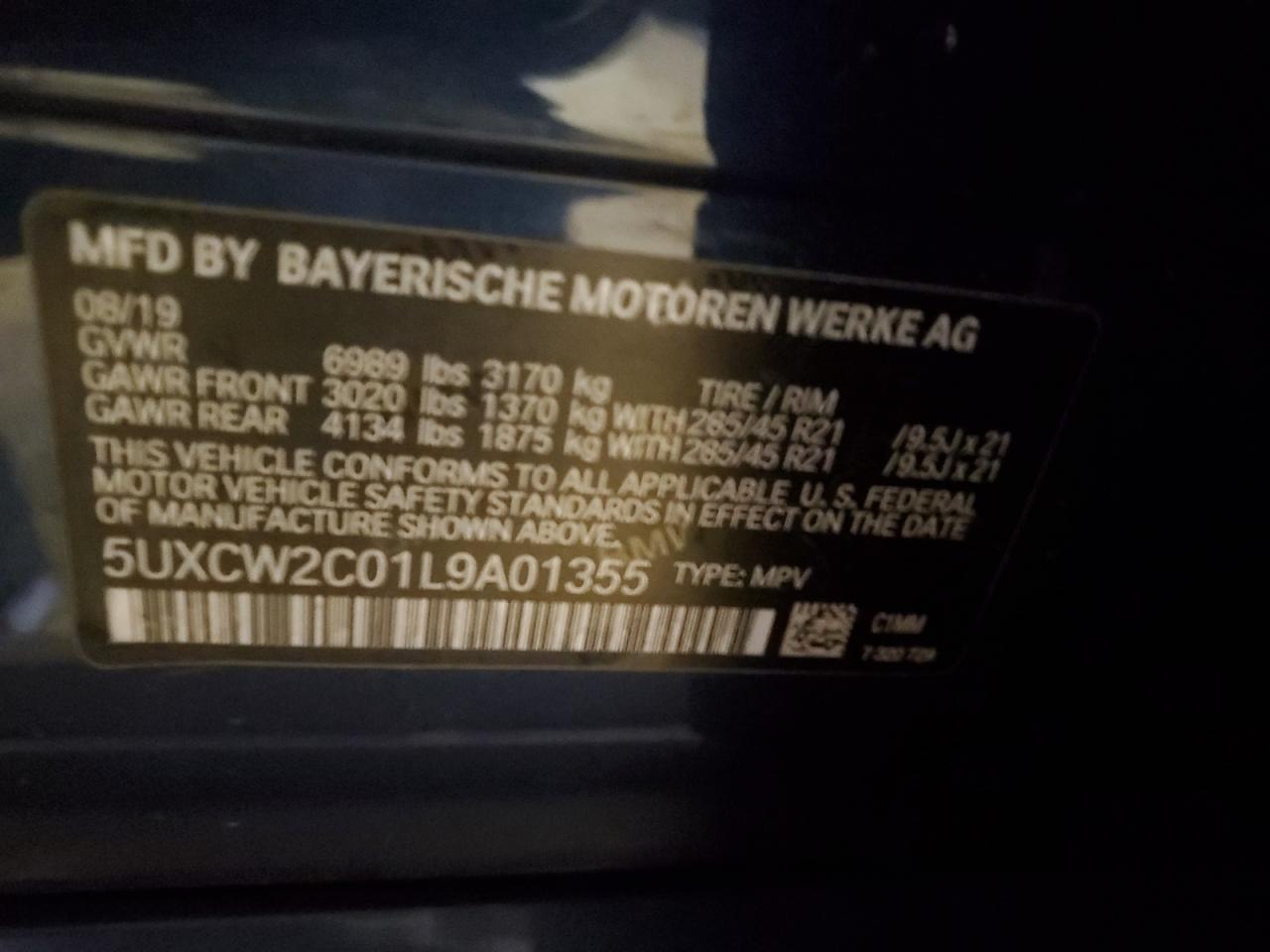 2020 BMW X7 VIN 5UXCW2C01L9A01355 Copart auction photo, front end / minor dent/scratches damage thumbnail 14