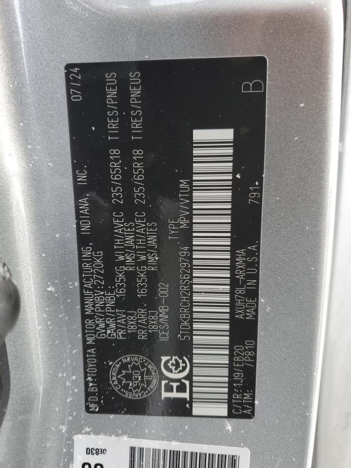 2024 Toyota Highlander VIN 5TDKBRCH2RS629794 Copart auction photo, side damage thumbnail 13