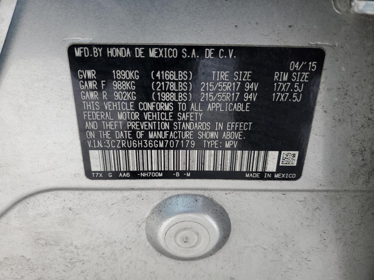 2016 Honda HR-V VIN 3CZRU6H36GM707179 Copart auction photo, front end / side damage thumbnail 16