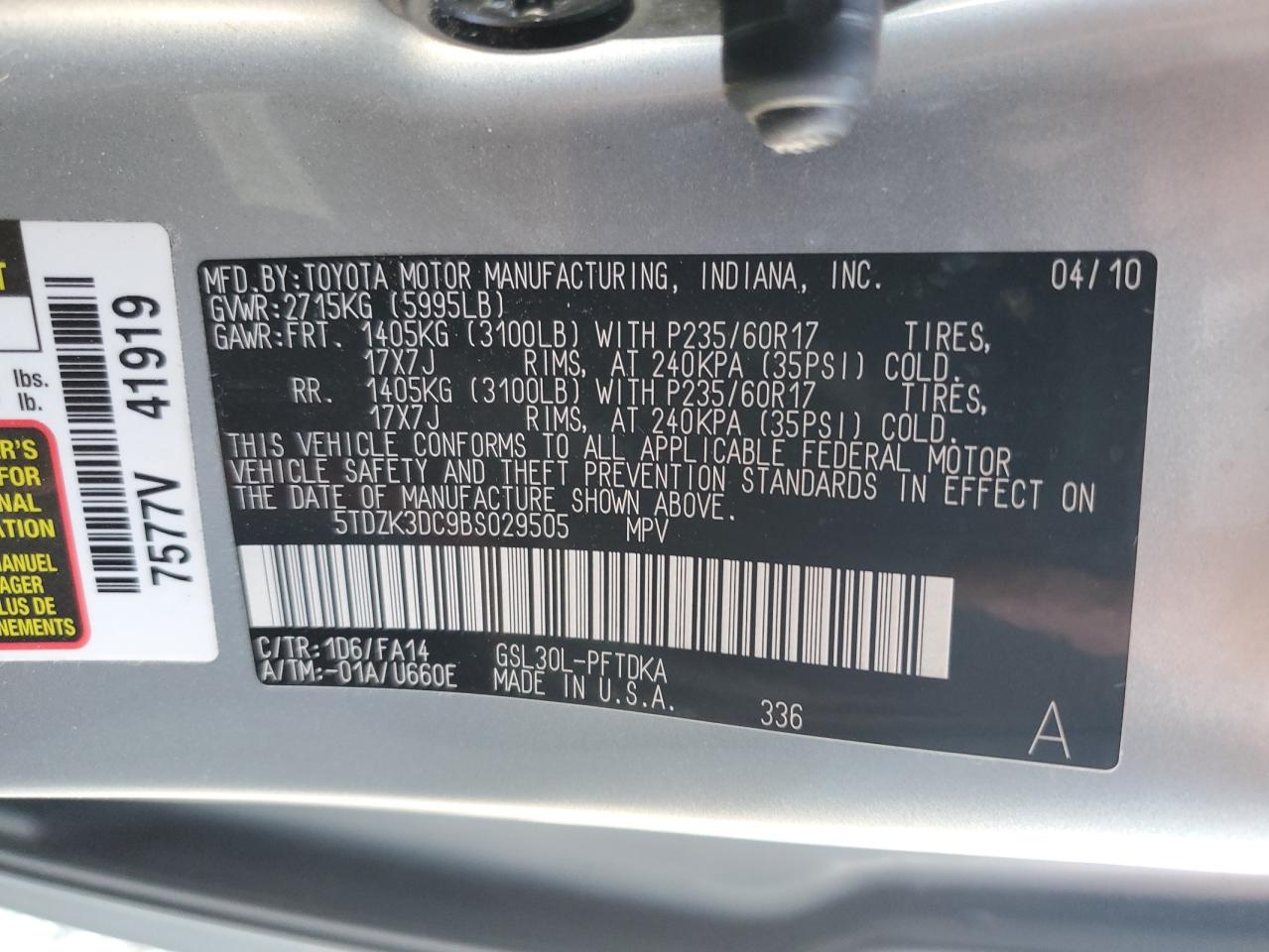 2011 Toyota Sienna VIN 5TDZK3DC9BS029505 Copart auction photo, water/flood damage thumbnail 14