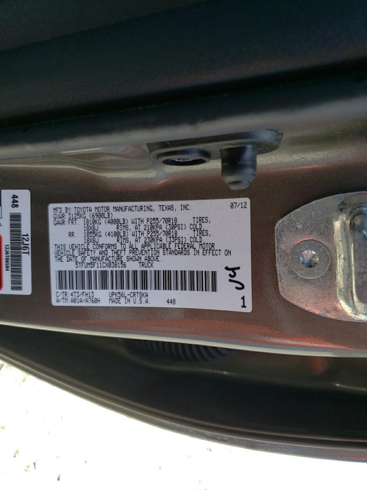 2012 Toyota Tundra VIN 5TFUM5F11CX038156 Copart auction photo, rear end / front end damage thumbnail 10