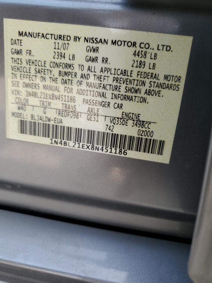 2008 Nissan Altima VIN 1N4BL21EX8N451186 Copart auction photo, side damage thumbnail 12
