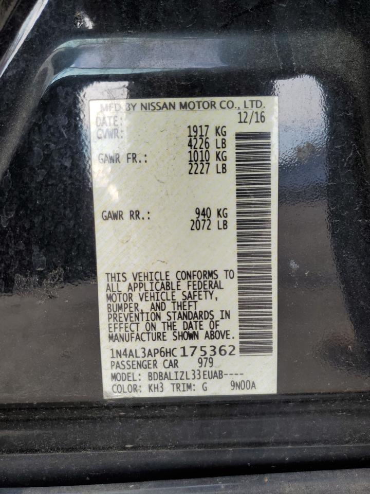 2017 Nissan Altima VIN 1N4AL3AP6HC175362 Copart auction photo, front end / side damage thumbnail 14