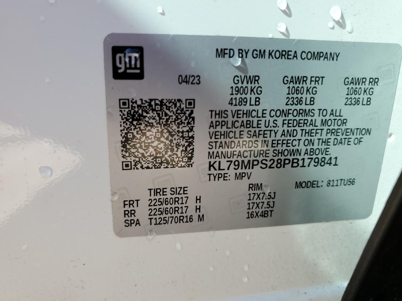 2023 Chevrolet TrailBlazer VIN KL79MPS28PB179841 Copart auction photo, rear end damage thumbnail 13