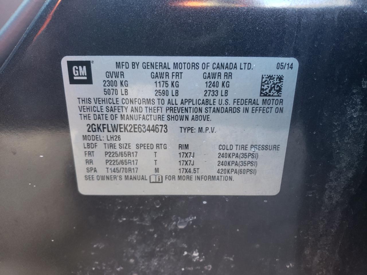 2014 GMC Terrain VIN 2GKFLWEK2E6344673 Copart auction photo, front end / minor dent/scratches damage thumbnail 13