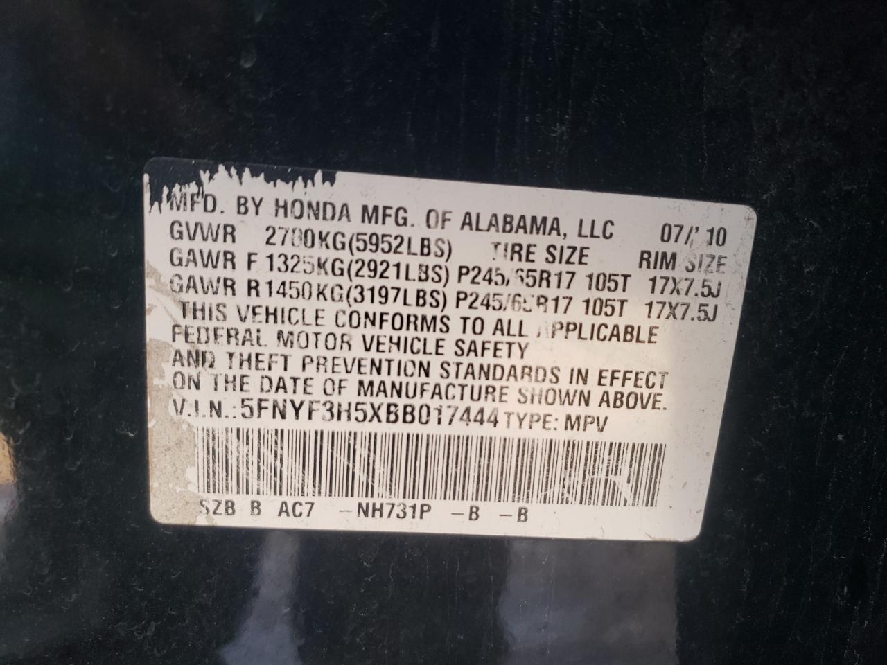 2011 Honda Pilot VIN 5FNYF3H5XBB017444 Copart auction photo, rear end / side damage thumbnail 14