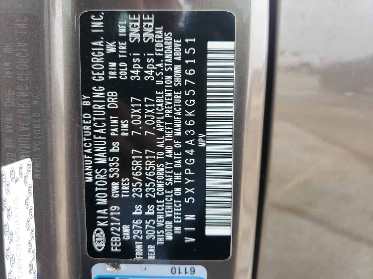 2019 KIA Sorento VIN 5XYPG4A36KG576151 Copart auction photo, front end damage thumbnail 15