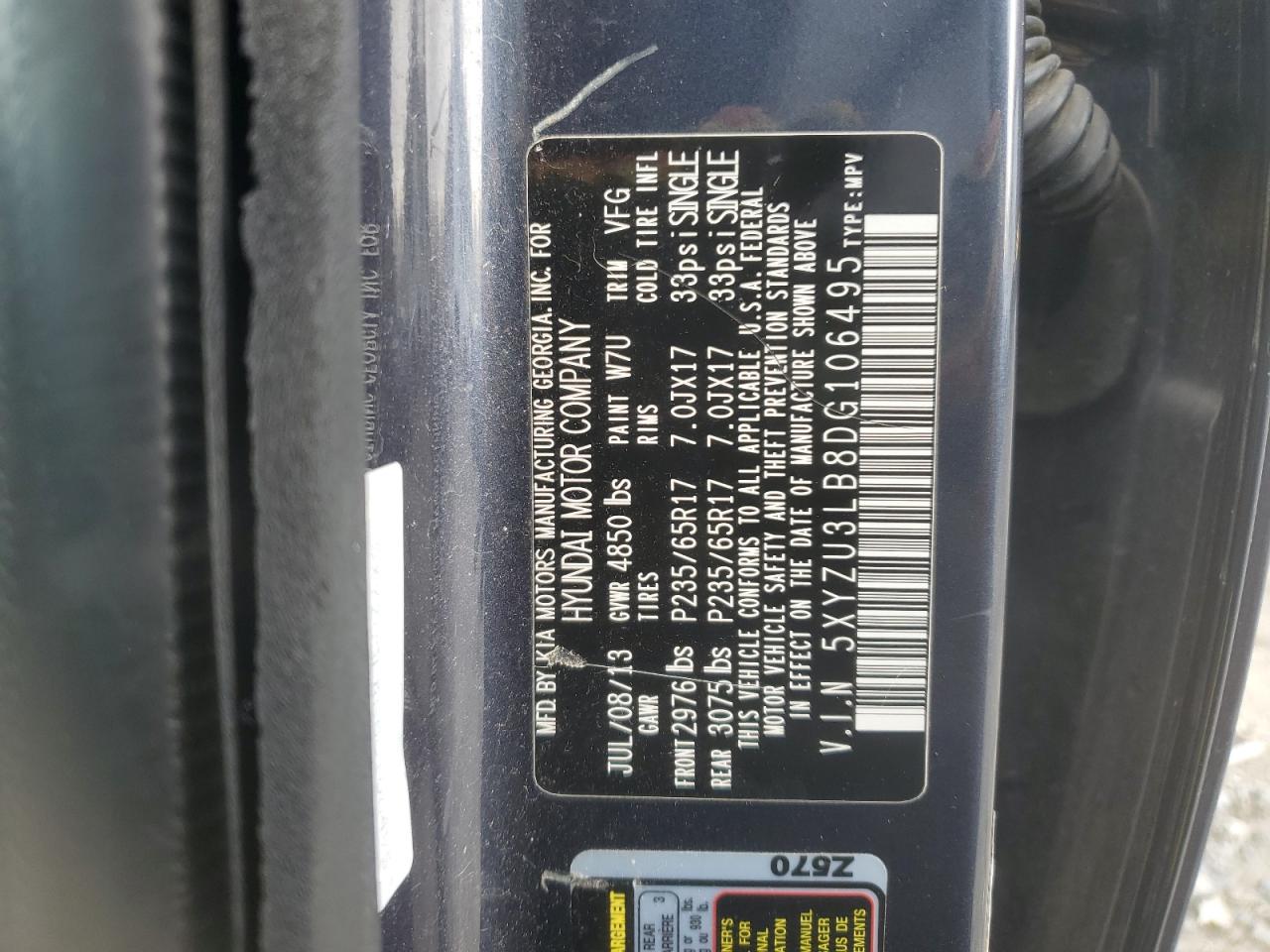 2013 Hyundai Santa Fe VIN 5XYZU3LB8DG106495 Copart auction photo, rear end damage thumbnail 13