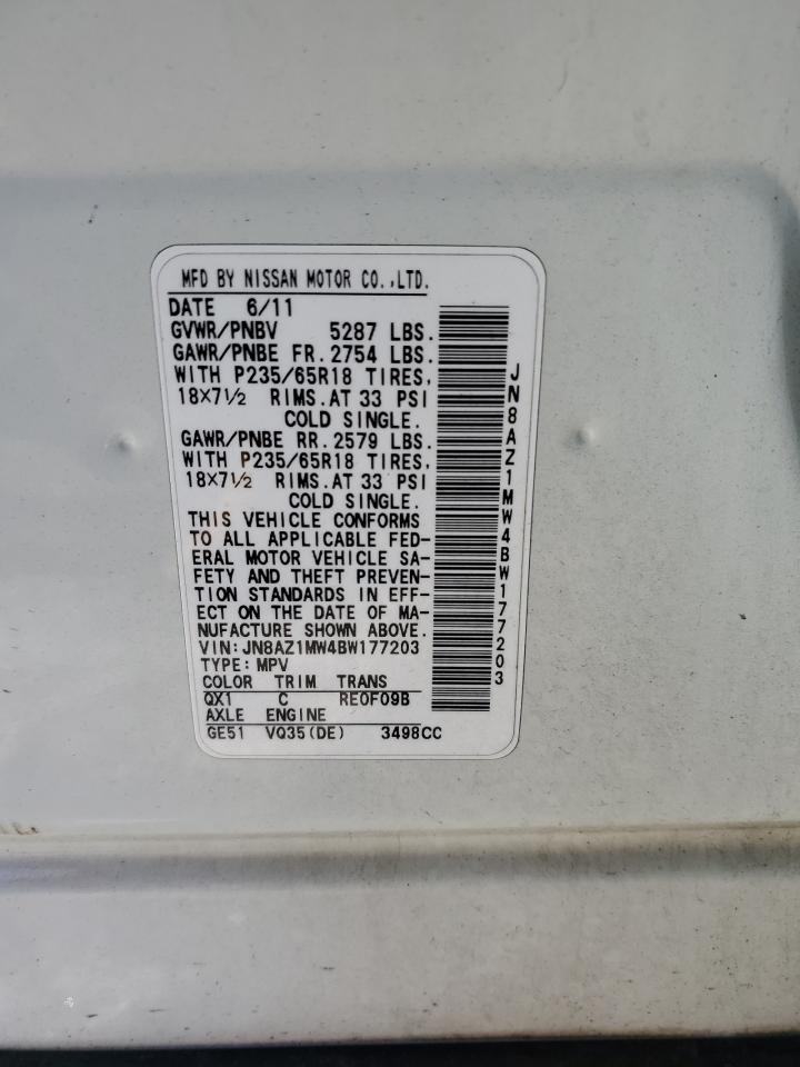2011 Nissan Murano VIN JN8AZ1MW4BW177203 Copart auction photo, side / front end damage thumbnail 13