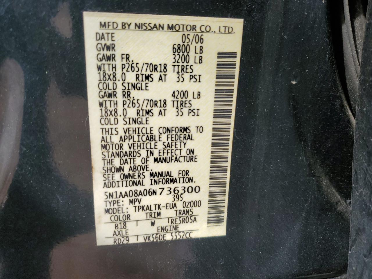 2006 Nissan Armada VIN 5N1AA08A06N736300 Copart auction photo, burn - interior damage thumbnail 15