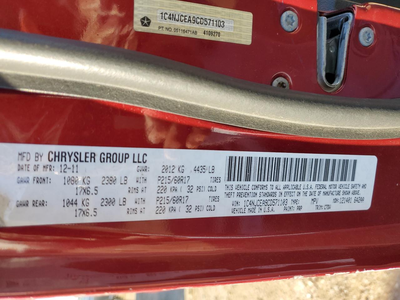2012 Jeep Compass VIN 1C4NJCEA9CD571103 Copart auction photo, rear end damage thumbnail 14