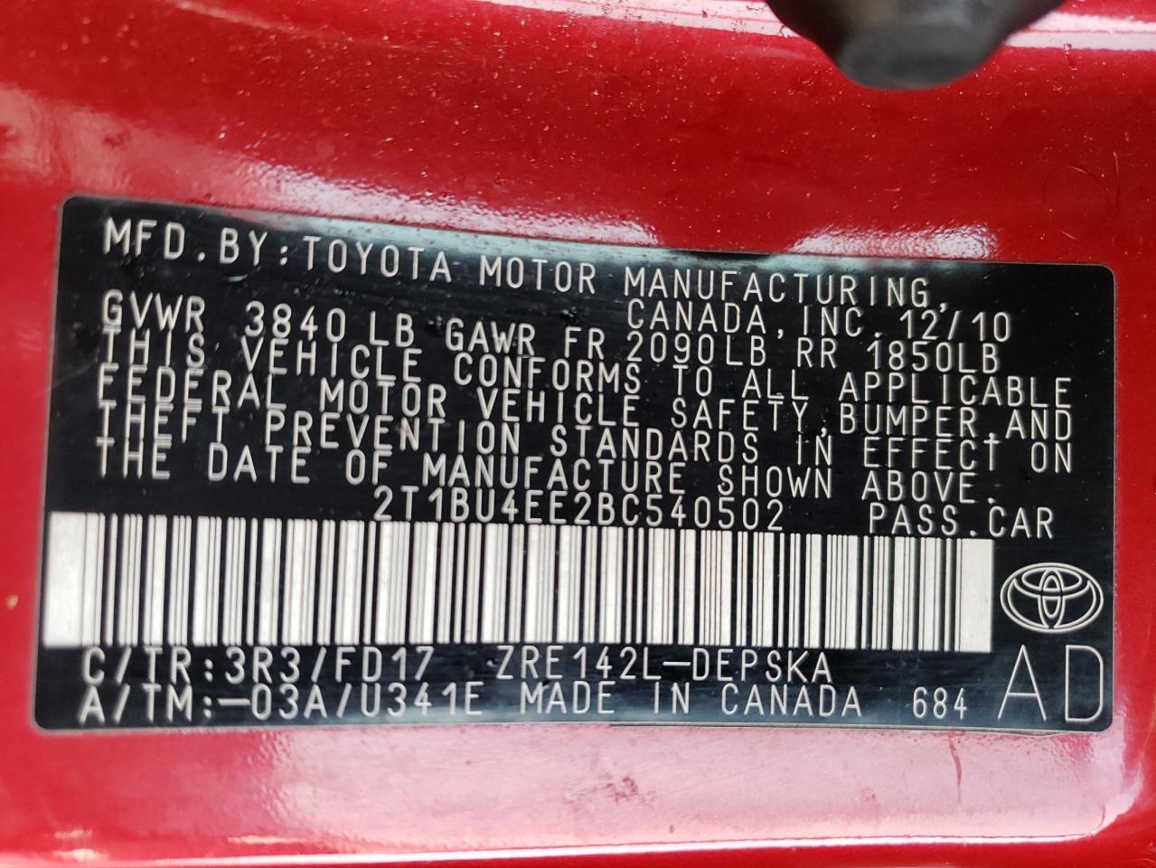 2011 Toyota Corolla VIN 2T1BU4EE2BC540502 Copart auction photo, front end / rear end damage thumbnail 15