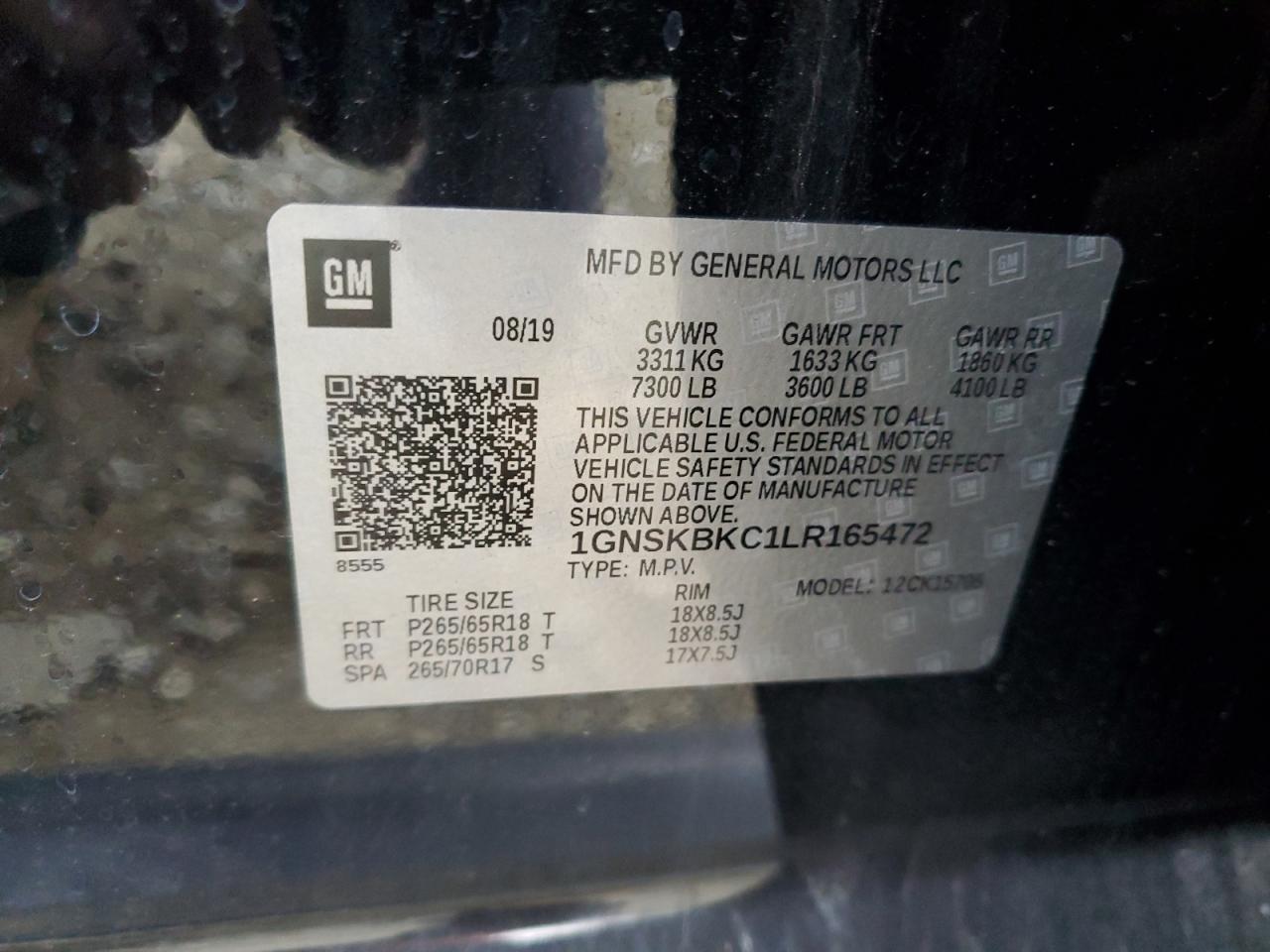 2020 Chevrolet Tahoe VIN 1GNSKBKC1LR165472 Copart auction photo, water/flood / front end damage thumbnail 13