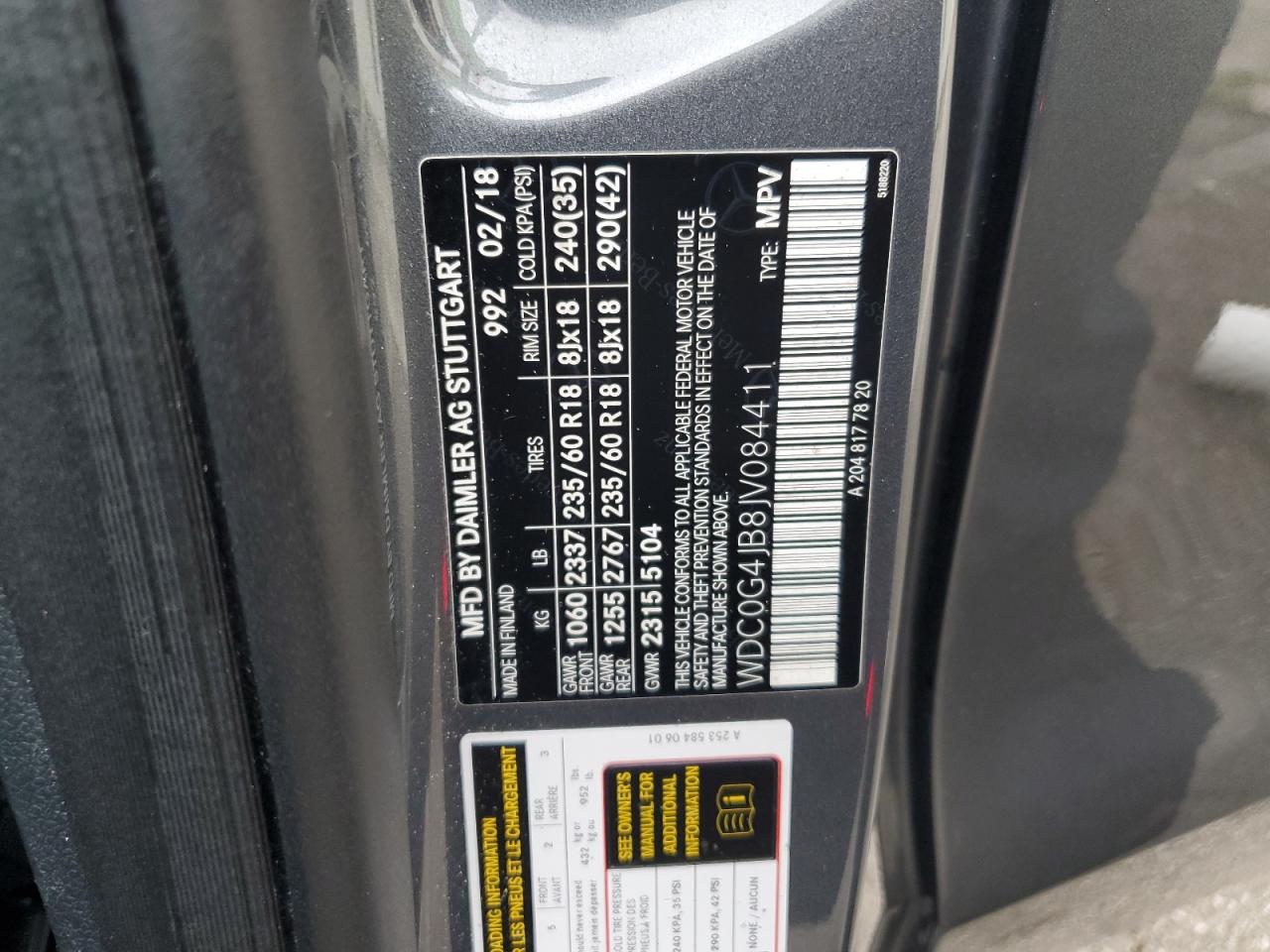 2018 Mercedes-Benz GLC VIN WDC0G4JB8JV084411 Copart auction photo, water/flood damage thumbnail 14