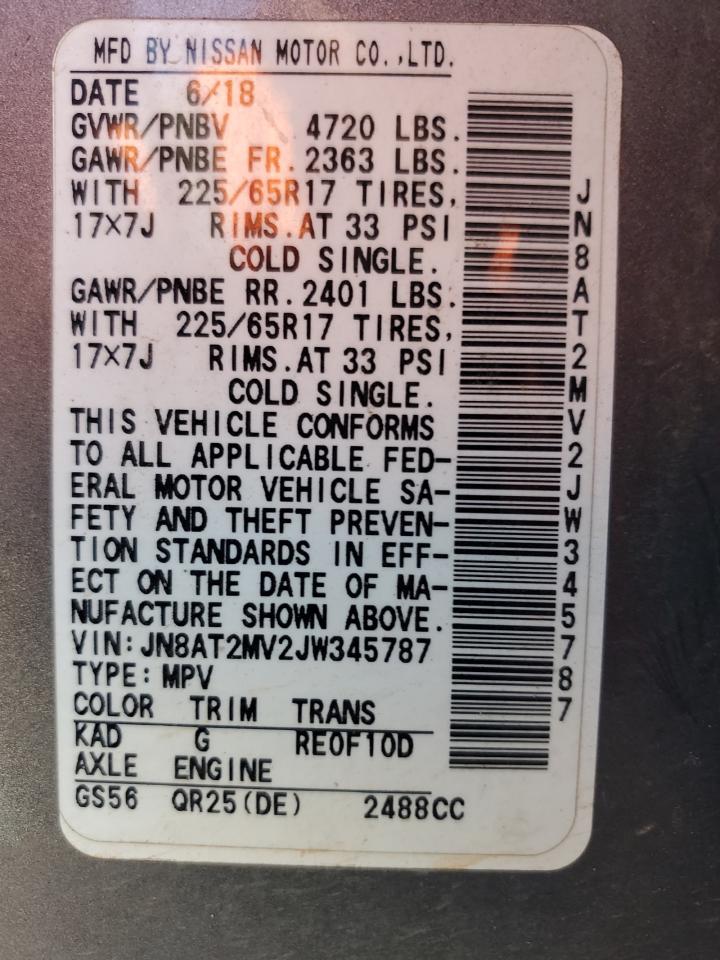2018 Nissan Rogue VIN JN8AT2MV2JW345787 Copart auction photo, all over damage thumbnail 14