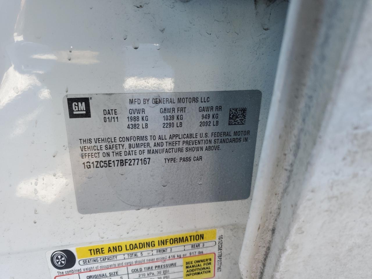 2011 Chevrolet Malibu VIN 1G1ZC5E17BF277167 Copart auction photo, front end / rear end damage thumbnail 14