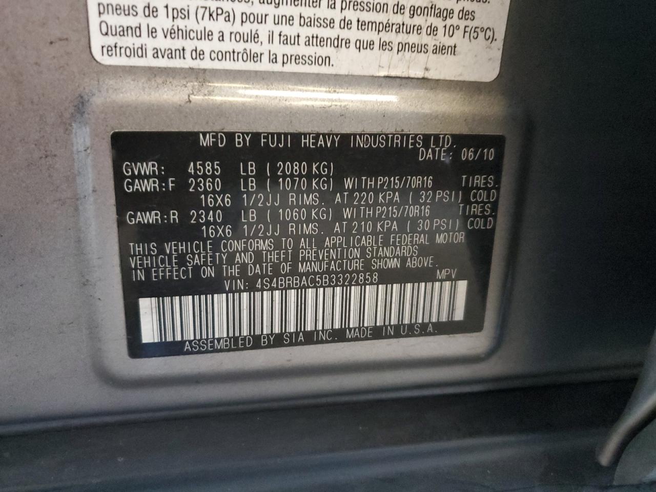 2011 Subaru Outback VIN 4S4BRBAC5B3322858 Copart auction photo, rear end / minor dent/scratches damage thumbnail 13
