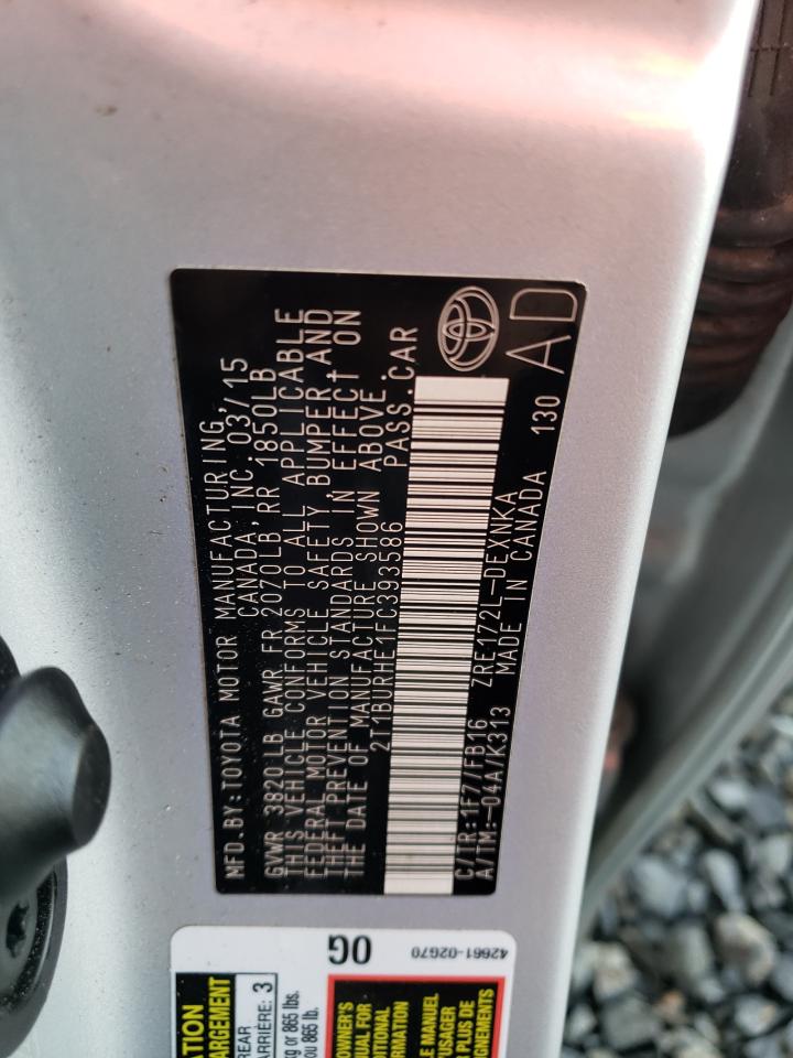 2015 Toyota Corolla VIN 2T1BURHE1FC393586 Copart auction photo, front end damage thumbnail 14