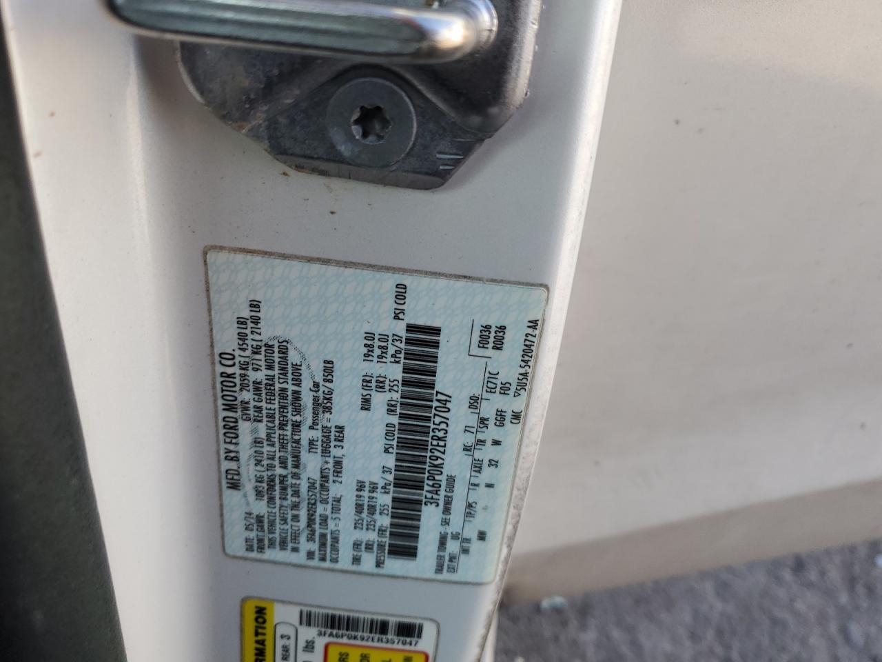 2014 Ford Fusion VIN 3FA6P0K92ER357047 Copart auction photo, front end damage thumbnail 14