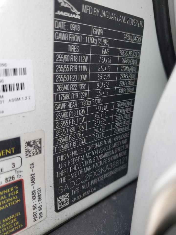 2019 Jaguar F-Pace VIN SADCJ2FX3KA368121 Copart auction photo, front end damage thumbnail 15