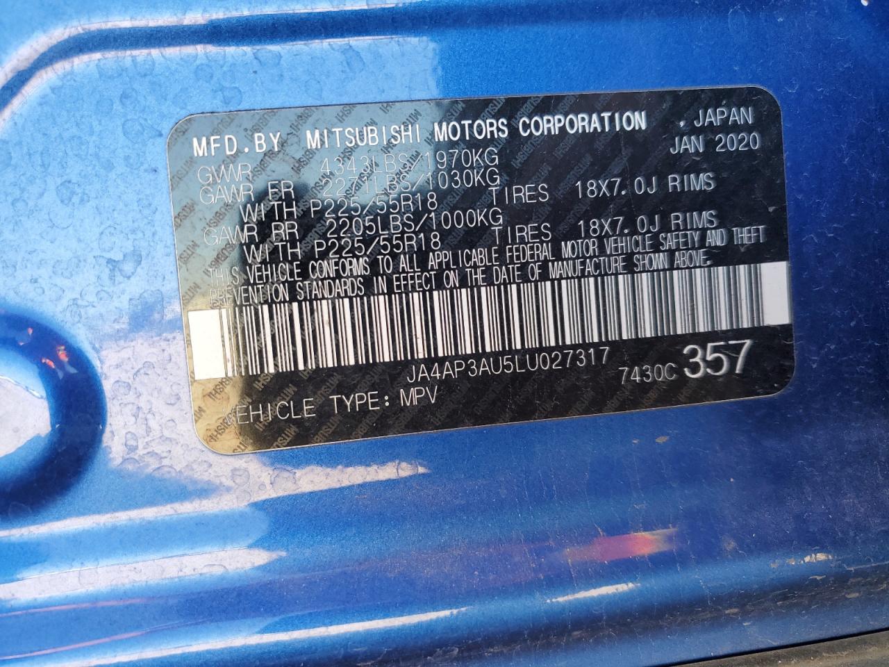 2020 Mitsubishi Outlander VIN JA4AP3AU5LU027317 Copart auction photo, front end / minor dent/scratches damage thumbnail 15
