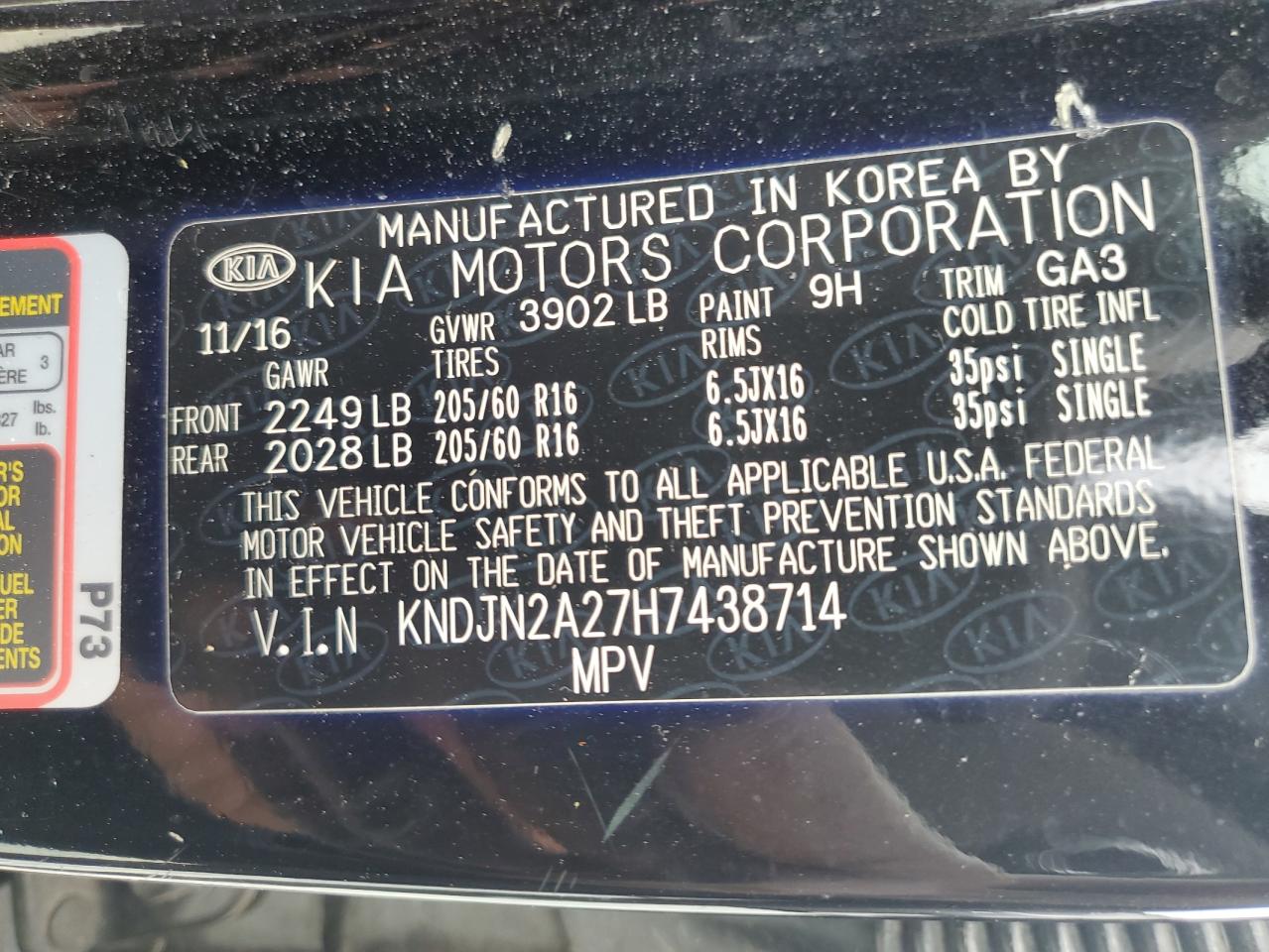 2017 KIA Soul VIN KNDJN2A27H7438714 Copart auction photo, all over damage thumbnail 15