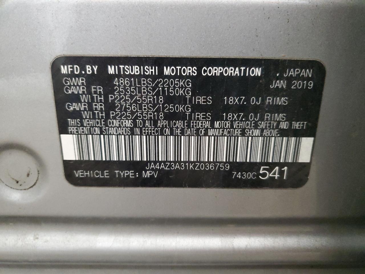 2019 Mitsubishi Outlander VIN JA4AZ3A31KZ036759 Copart auction photo, front end / side damage thumbnail 15