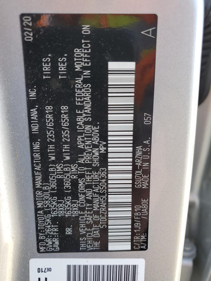 2020 Toyota Highlander VIN 5TDCZRAH5LS504363 Copart auction photo, undercarriage / all over damage thumbnail 14