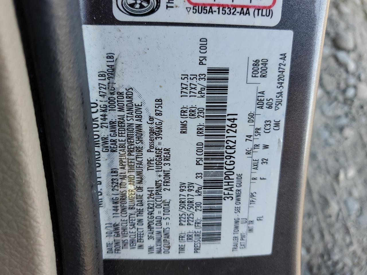 2012 Ford Fusion VIN 3FAHP0CG9CR212641 Copart auction photo, front end / rear end damage thumbnail 12