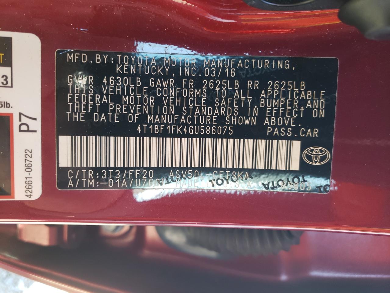 2016 Toyota Camry VIN 4T1BF1FK4GU586075 Copart auction photo, front end / side damage thumbnail 13