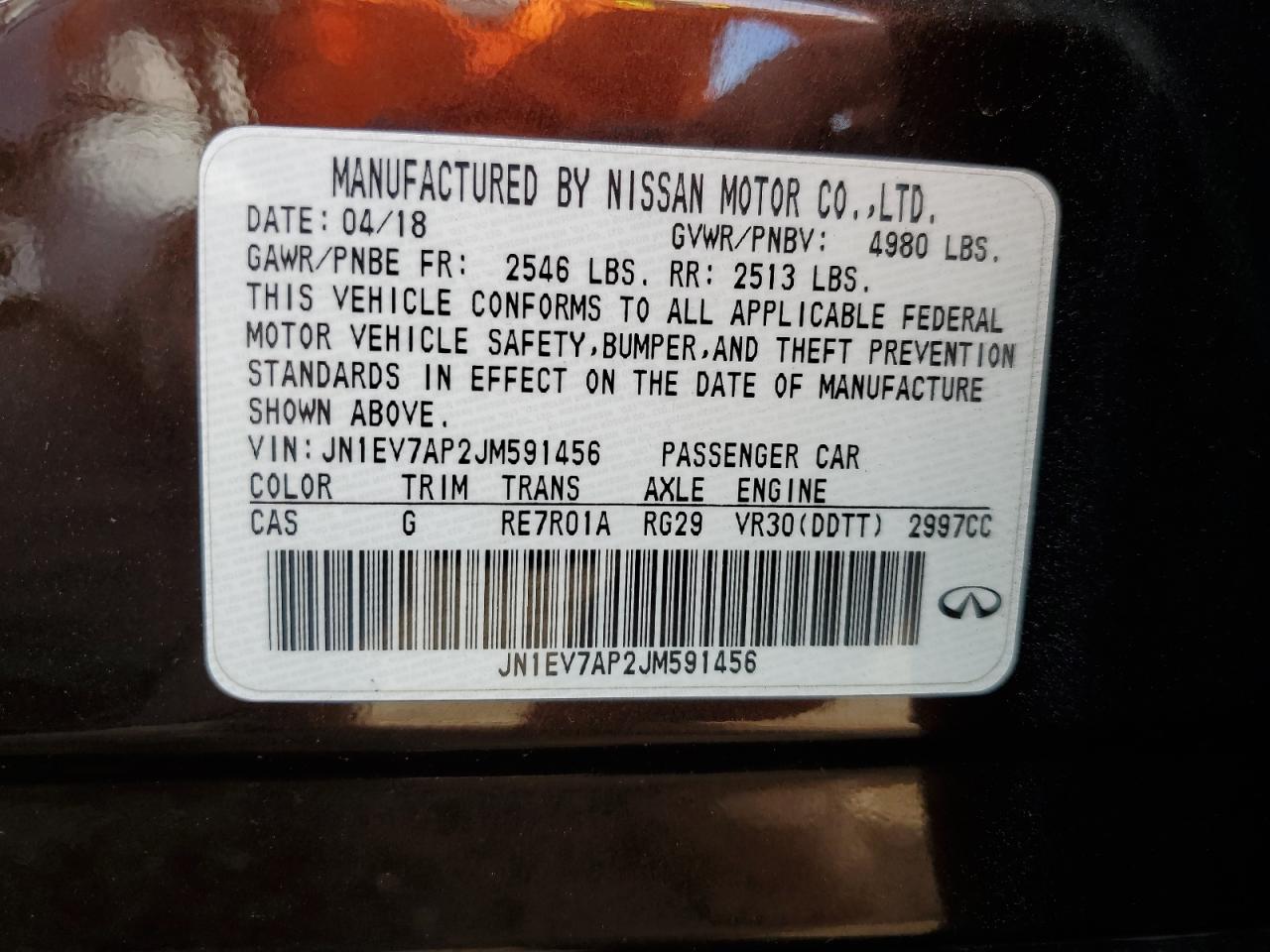 2018 Infiniti Q50 VIN JN1EV7AP2JM591456 Copart auction photo, vandalism damage thumbnail 12