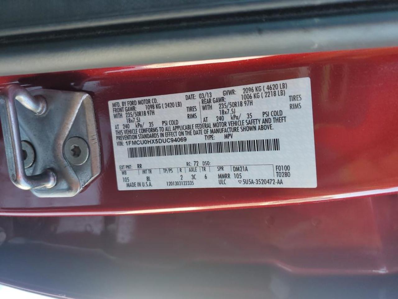 2013 Ford Escape VIN 1FMCU0HX5DUC94069 Copart auction photo, front end damage thumbnail 15