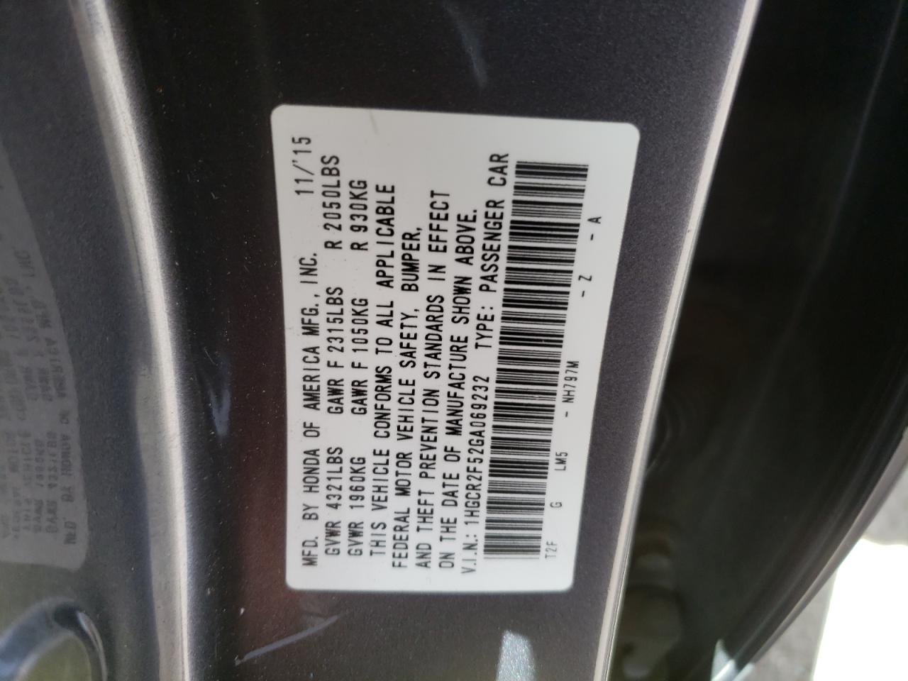 2016 Honda Accord VIN 1HGCR2F52GA069232 Copart auction photo, side damage thumbnail 14