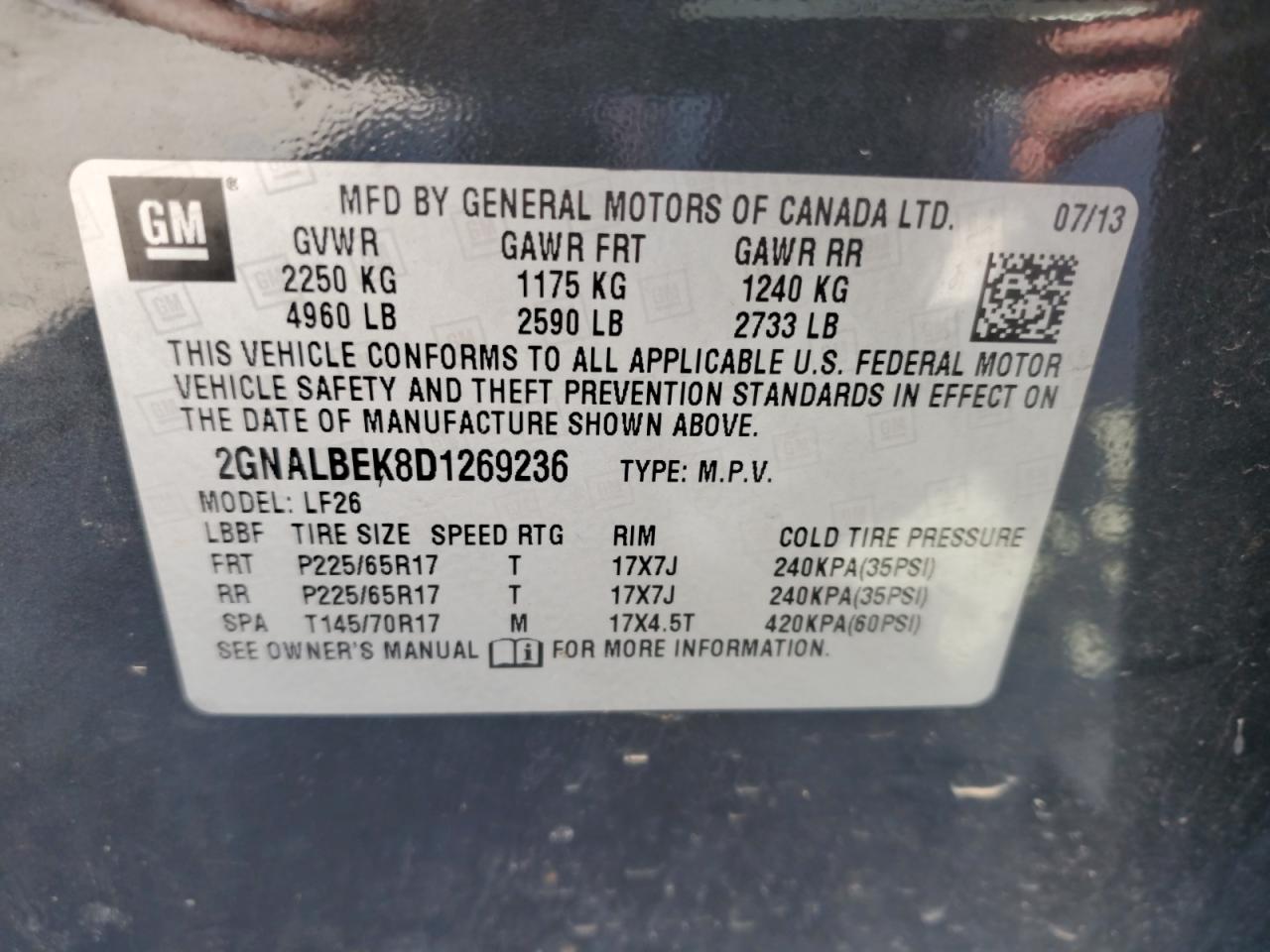 2013 Chevrolet Equinox VIN 2GNALBEK8D1269236 Copart auction photo, front end / side damage thumbnail 13