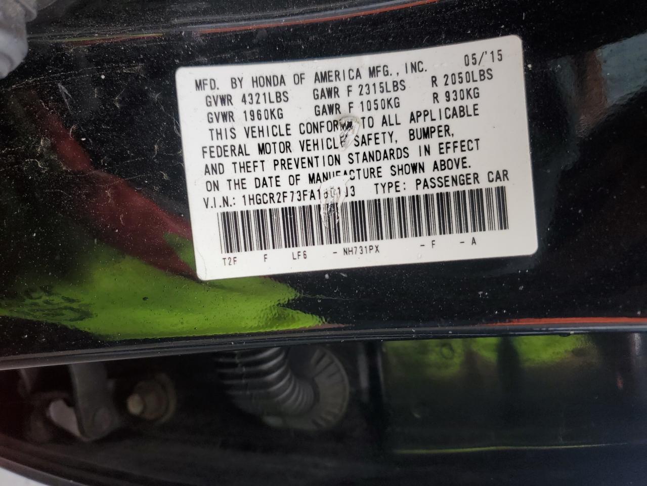 2015 Honda Accord VIN 1HGCR2F73FA180193 Copart auction photo, rear end damage thumbnail 12