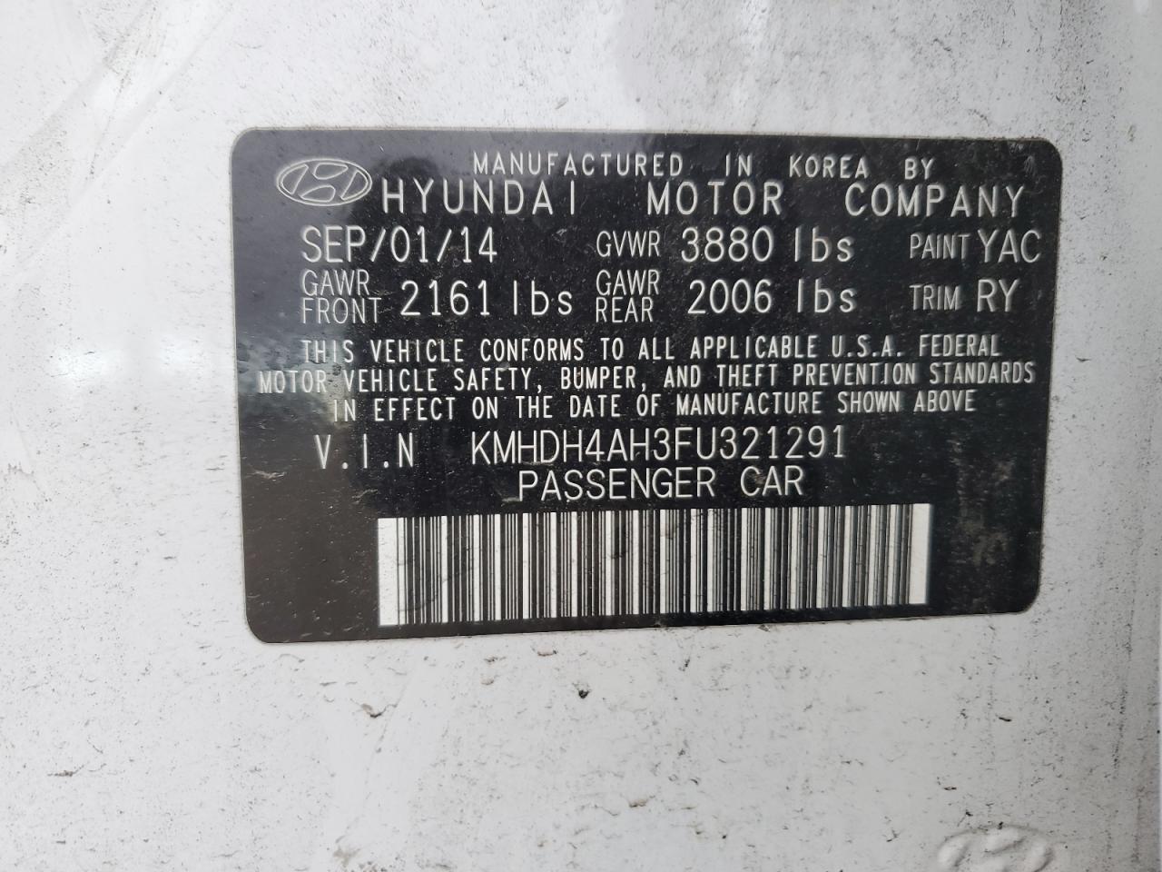 2015 Hyundai Elantra VIN KMHDH4AH3FU321291 Copart auction photo, side damage thumbnail 12