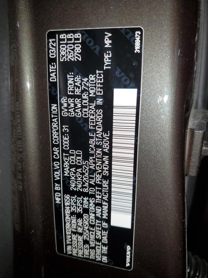 2021 Volvo XC60 VIN YV4102RK0M1841656 Copart auction photo, all over damage thumbnail 13