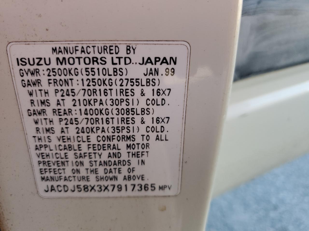 1999 Isuzu Trooper VIN JACDJ58X3X7917365 Copart auction photo, top/roof damage thumbnail 13