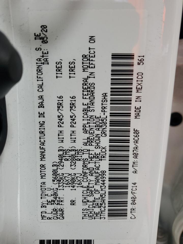 2020 Toyota Tacoma VIN 3TMCZ5AN5LM344998 Copart auction photo, front end damage thumbnail 13
