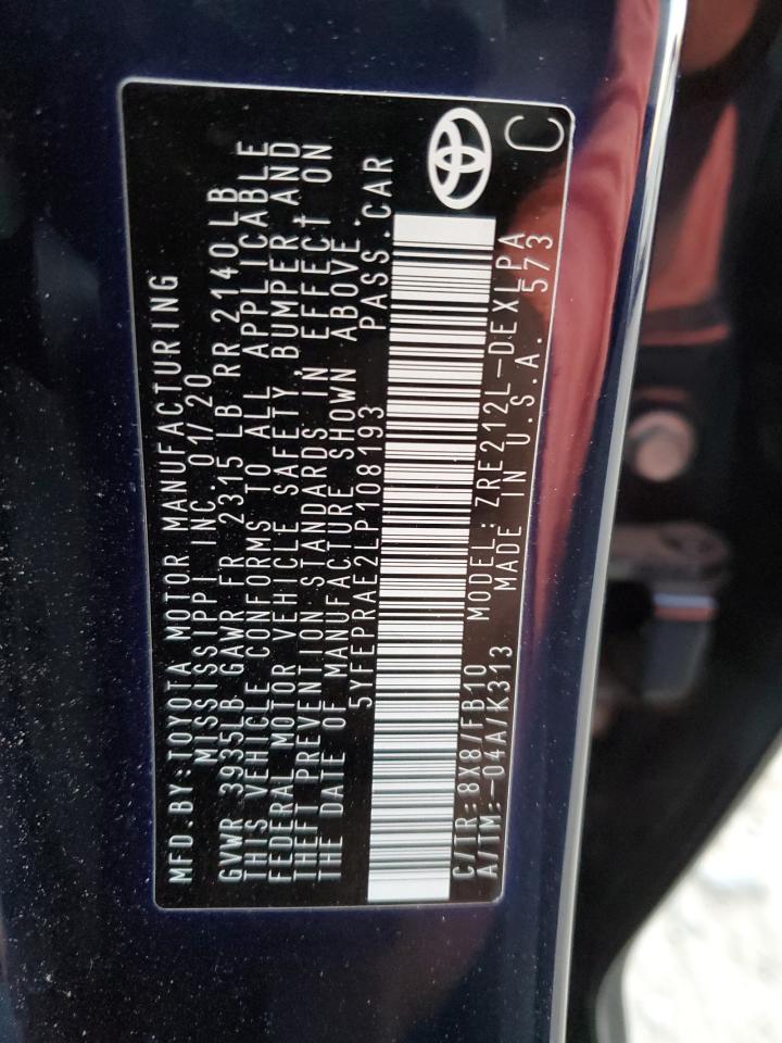 2020 Toyota Corolla VIN 5YFEPRAE2LP108193 Copart auction photo, rear end / side damage thumbnail 14