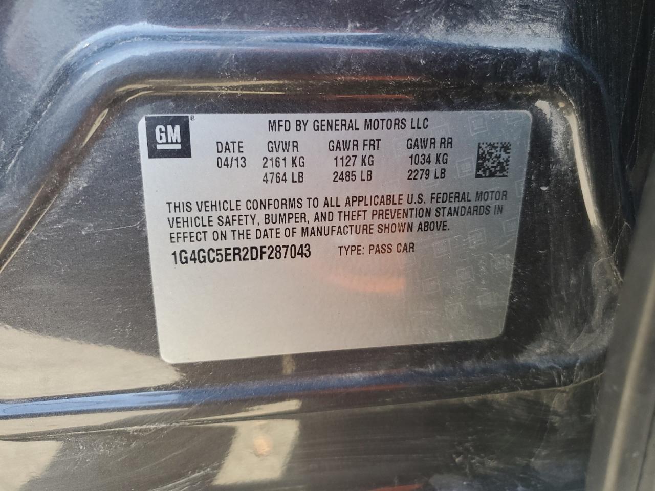 2013 Buick LaCrosse VIN 1G4GC5ER2DF287043 Copart auction photo, front end / side damage thumbnail 14