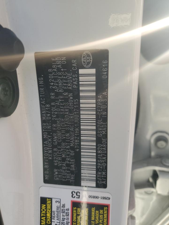 2018 Toyota Camry VIN 4T1BZ1HK1JU017115 Copart auction photo, front end / side damage thumbnail 12