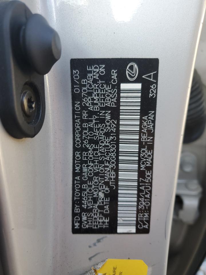 2003 Lexus ES VIN JTHBF30G830131492 Copart auction photo, side / rear end damage thumbnail 12