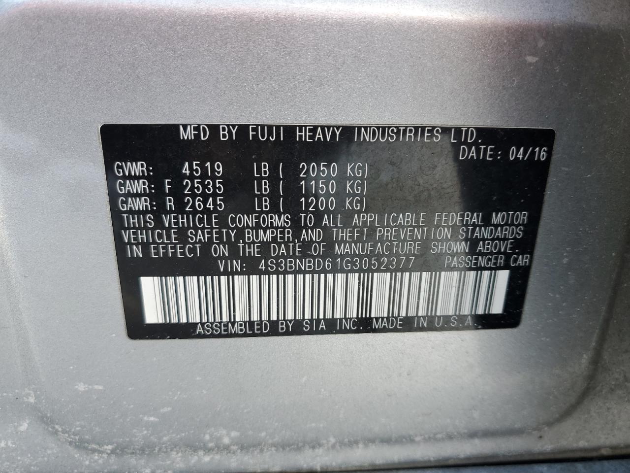 2016 Subaru Legacy VIN 4S3BNBD61G3052377 Copart auction photo, side damage thumbnail 14