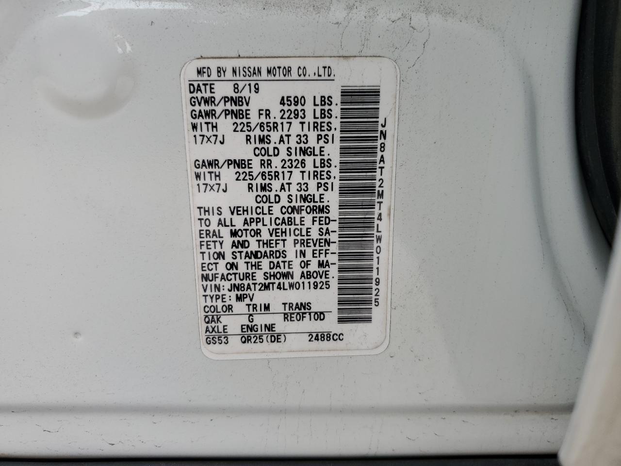 2020 Nissan Rogue VIN JN8AT2MT4LW011925 Copart auction photo, front end damage thumbnail 13